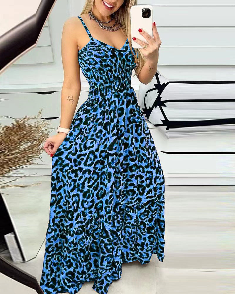 Women's Leopard Print Spaghetti Strap Tiered Maxi Dress V-Neck Smocked Waist Flowy Long Dress For Summer – Premium 4 | RICALOUX