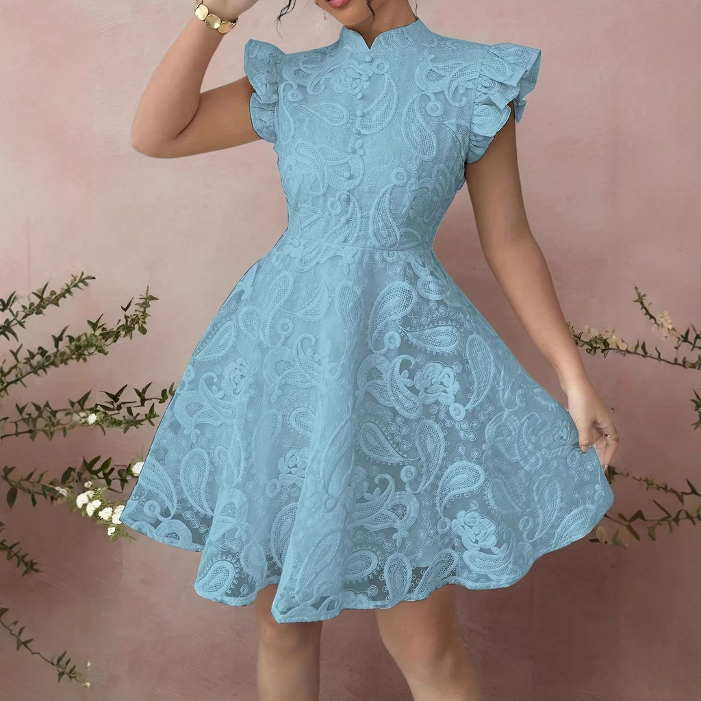 Lace Stand-collar Mini-sleeve Dress For Women by Ricaloux