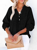Women's Casual V-Neck Long Sleeve Blouse - Loose Fit Textured Cotton Henley Shirt For Summer – Premium 4 | RICALOUX