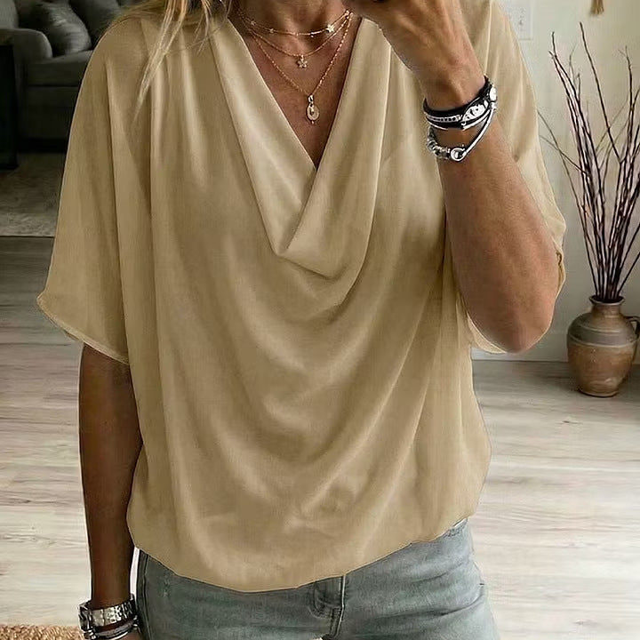 Womens Summer Loose-fit Batwing-sleeve Solid-color Draped Short-sleeve Elegant Top by Ricaloux