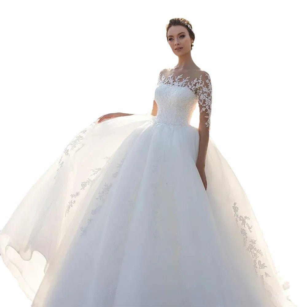 Bridal Mesh Long Sleeve Embroidered Wedding Dress - RICALOUX