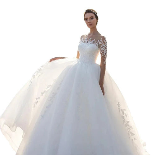 Bridal Mesh Long Sleeve Embroidered Wedding Dress - RICALOUX