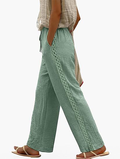 Womens Drawstring-waist Patchwork-lace Casual Loose-fitting Wide-leg Pants With Pockets – Premium 0 | RICALOUX