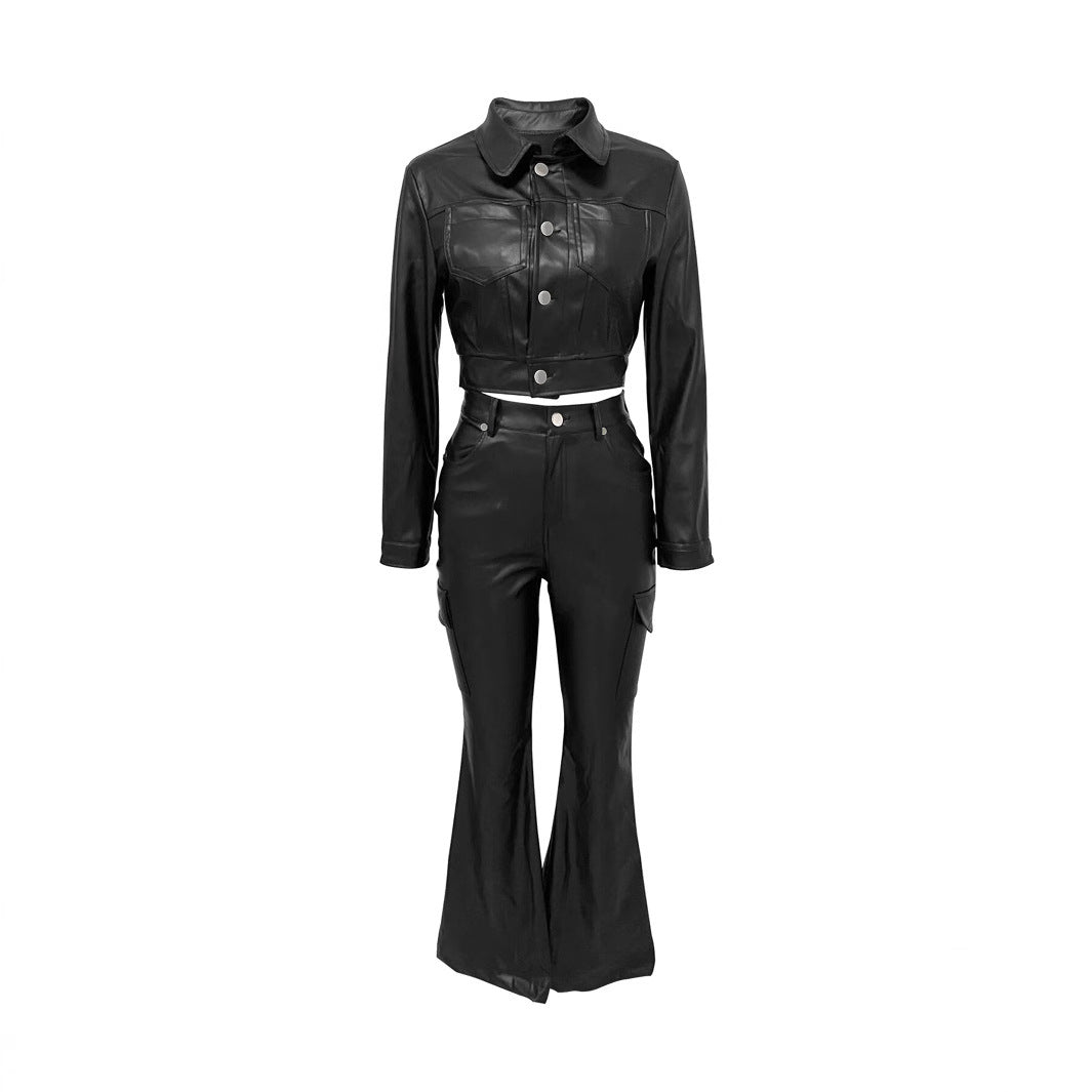 Suit-style Leather Jacket Best-selling Cardigan And Athletic Trousers Set by Ricaloux