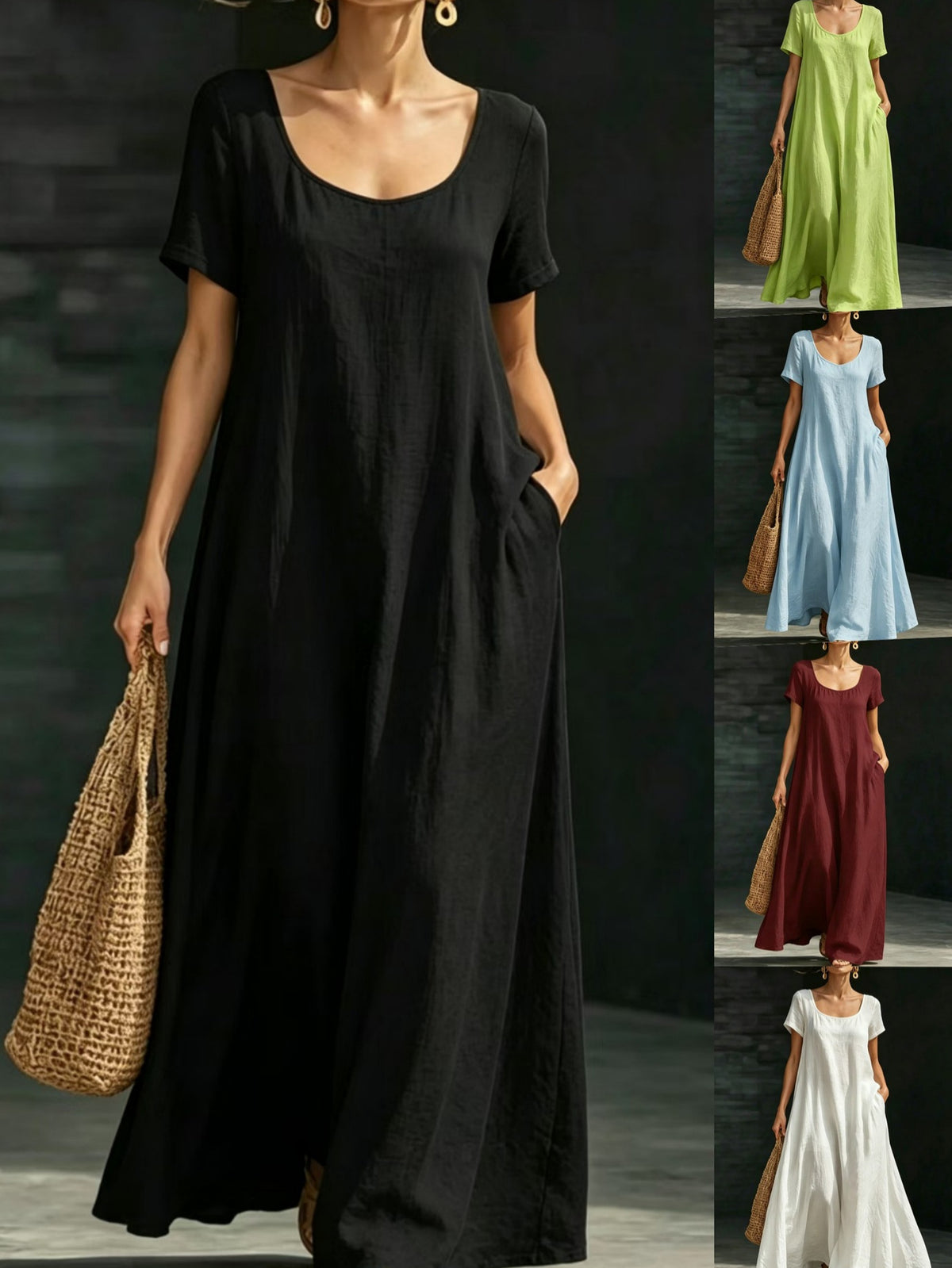 Summer U-Neck Short Sleeve Flowy Maxi Dress - Casual Solid Color Women's Loose Dress Summer Dress For Women by Ricaloux