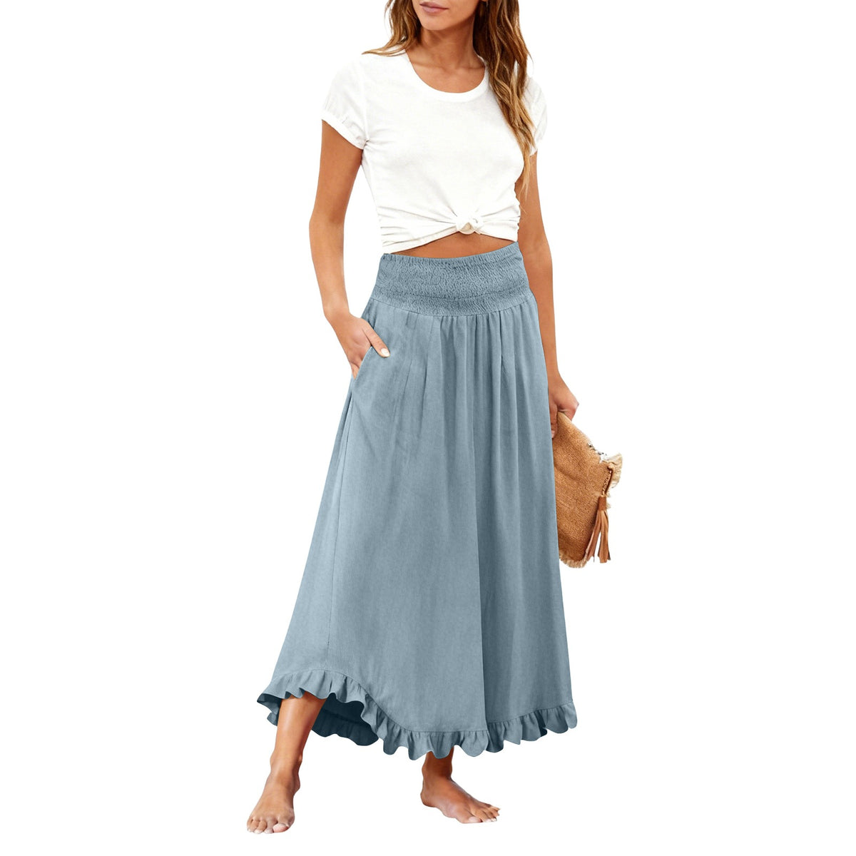 High-waisted Elastic-waist Long Skirt With Ruffled Hem by Ricaloux
