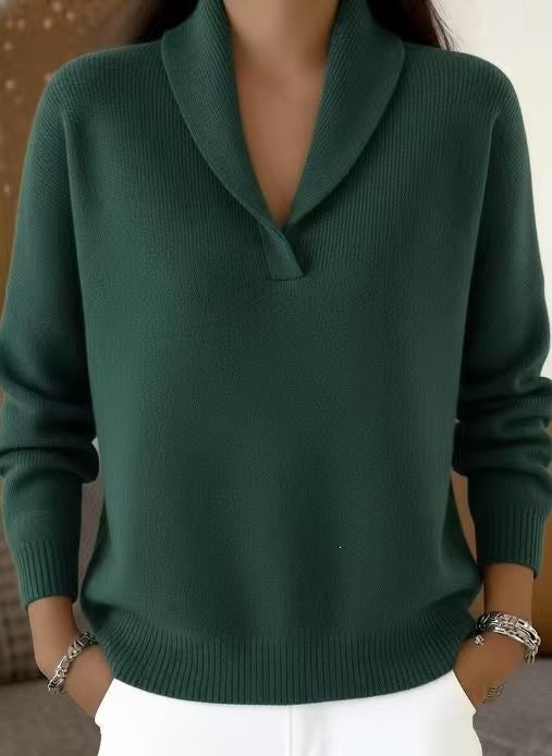 Fashionable Solid-color V-neck Long-sleeve Loose-fit Pullover by Ricaloux