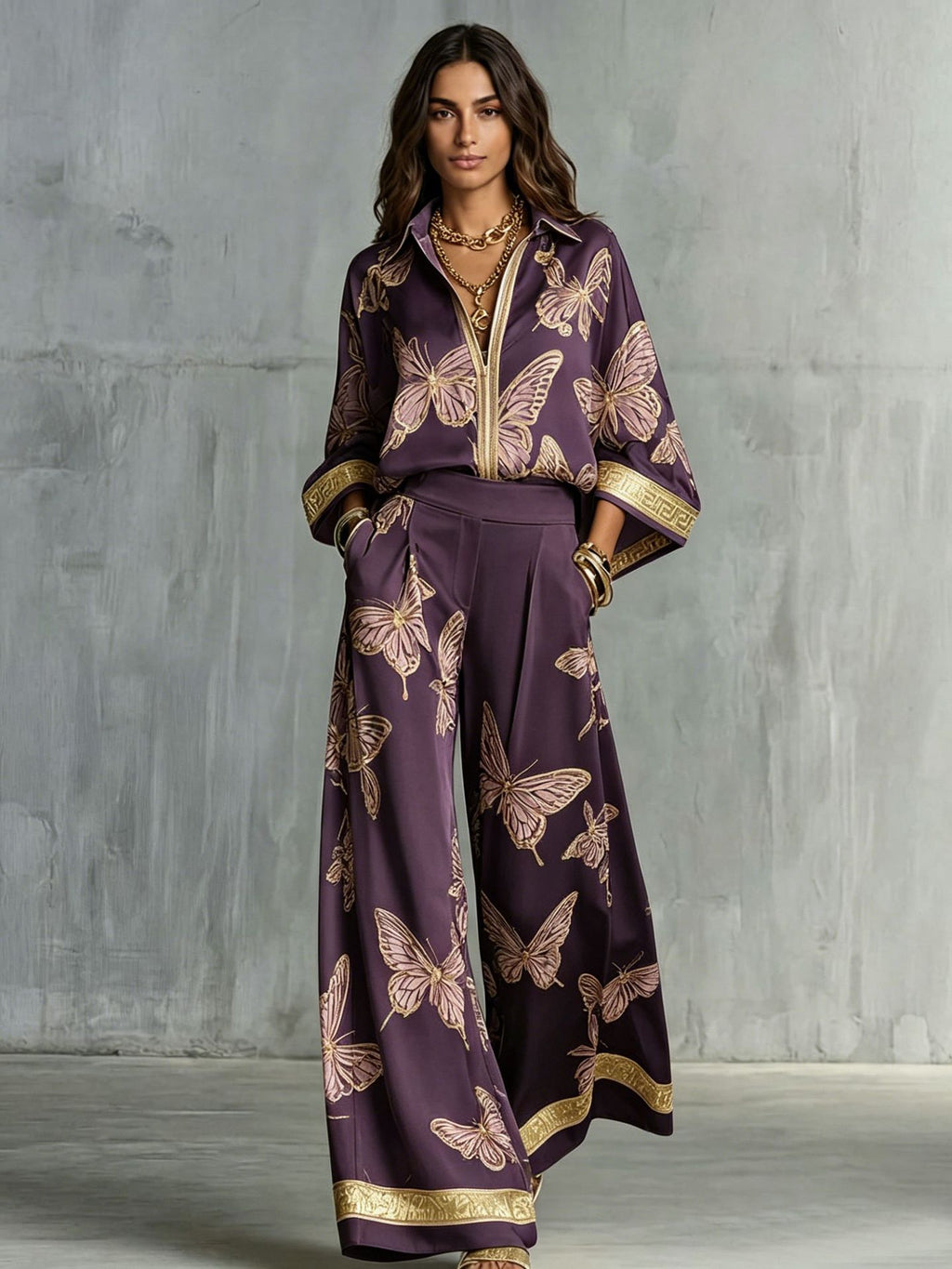 Womens Printed Loose-Fit Zip-Up Top And Wide-Leg Pants Two-Piece Set by Ricaloux
