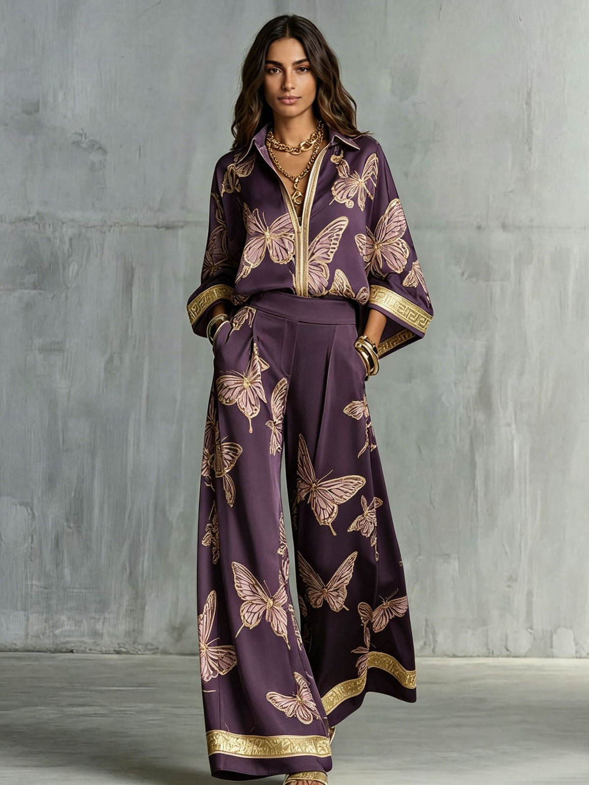 Womens Printed Loose-Fit Zip-Up Top And Wide-Leg Pants Two-Piece Set by Ricaloux