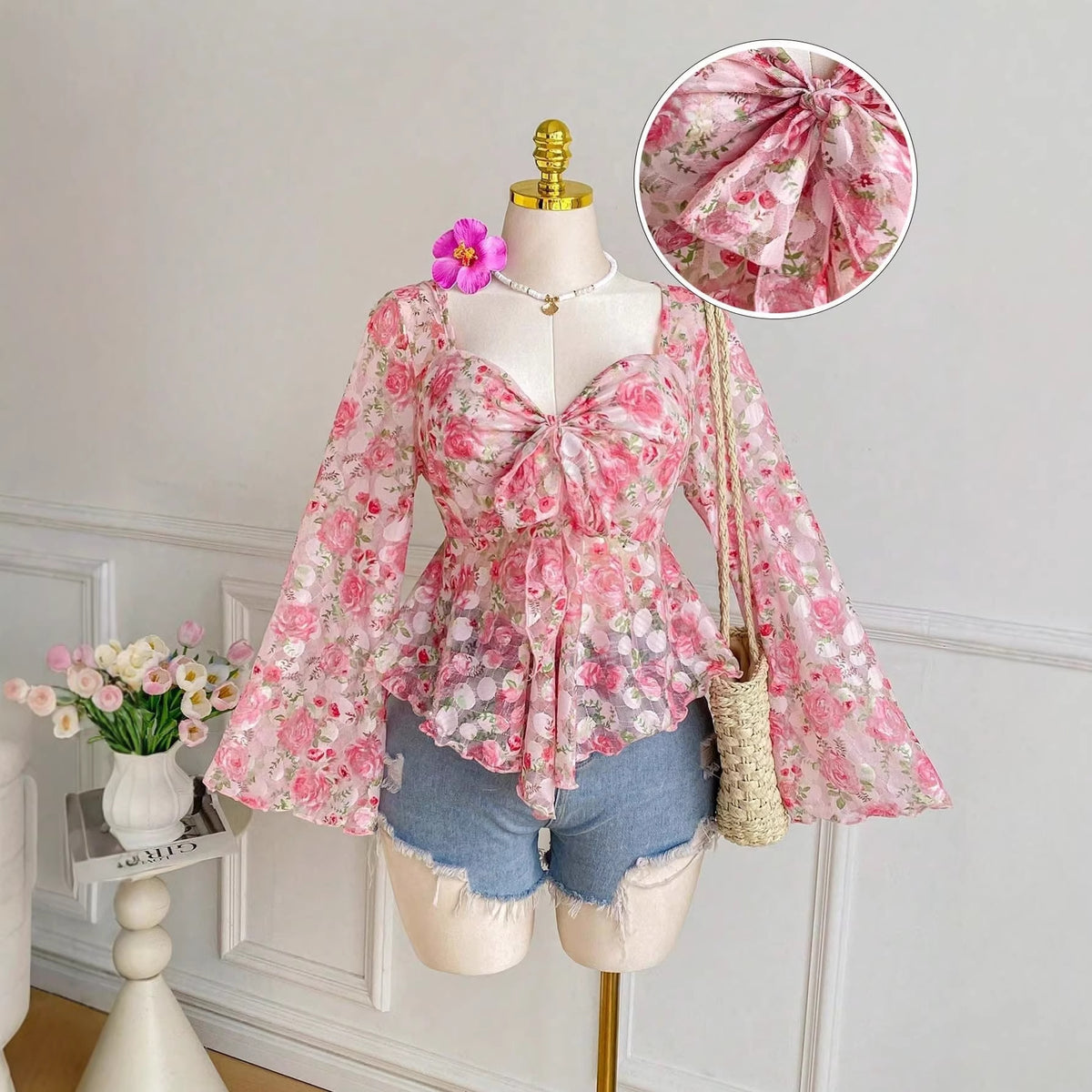 Lantern-sleeve Lace Floral Long-sleeve Top – Premium 0 | RICALOUX