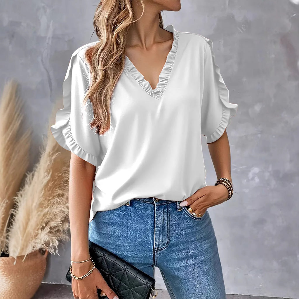Womens Summer Simple Solid-Color Short-Sleeve Top – Premium 0 | RICALOUX