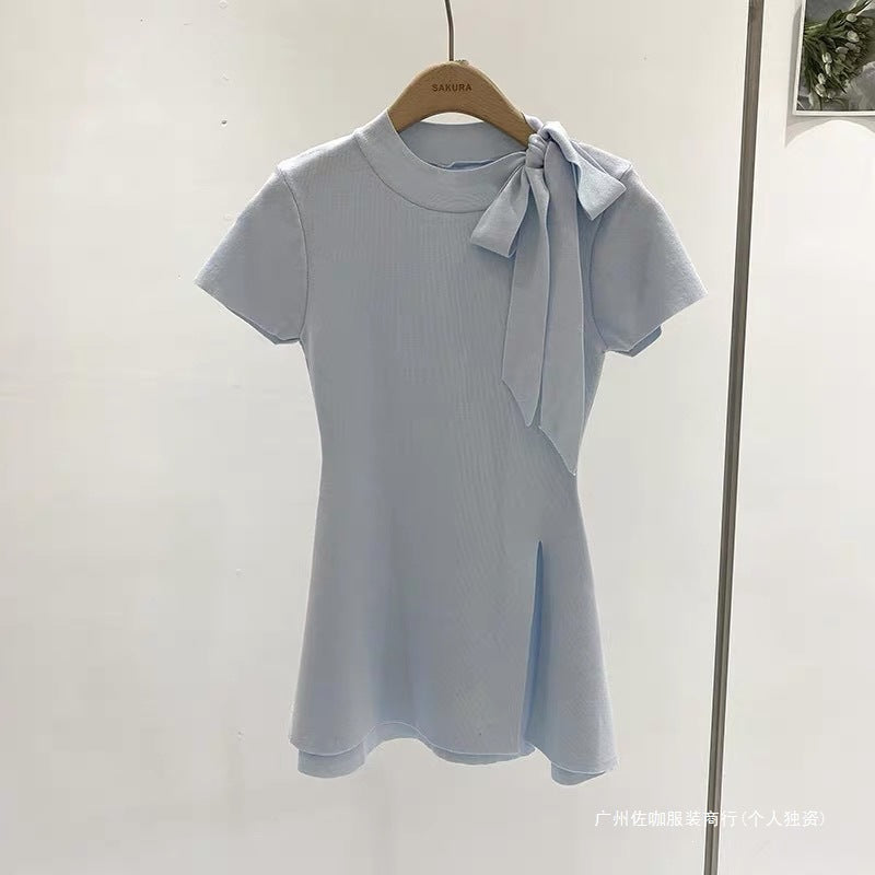 Bow-tie Lace-up Round-neck Short-sleeve Lightweight Dress – Premium 0 | RICALOUX