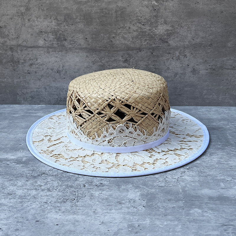Hand-knitted Raffia Flat-Top Womens Vintage Lace Straw Sun Hat by Ricaloux