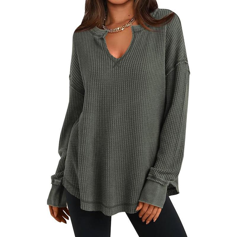 Womens AutumnWinter Casual Knitted Sweater Solid-Color Long-Sleeve V-Neck Waffle-Weave Hoodie Top by Ricaloux