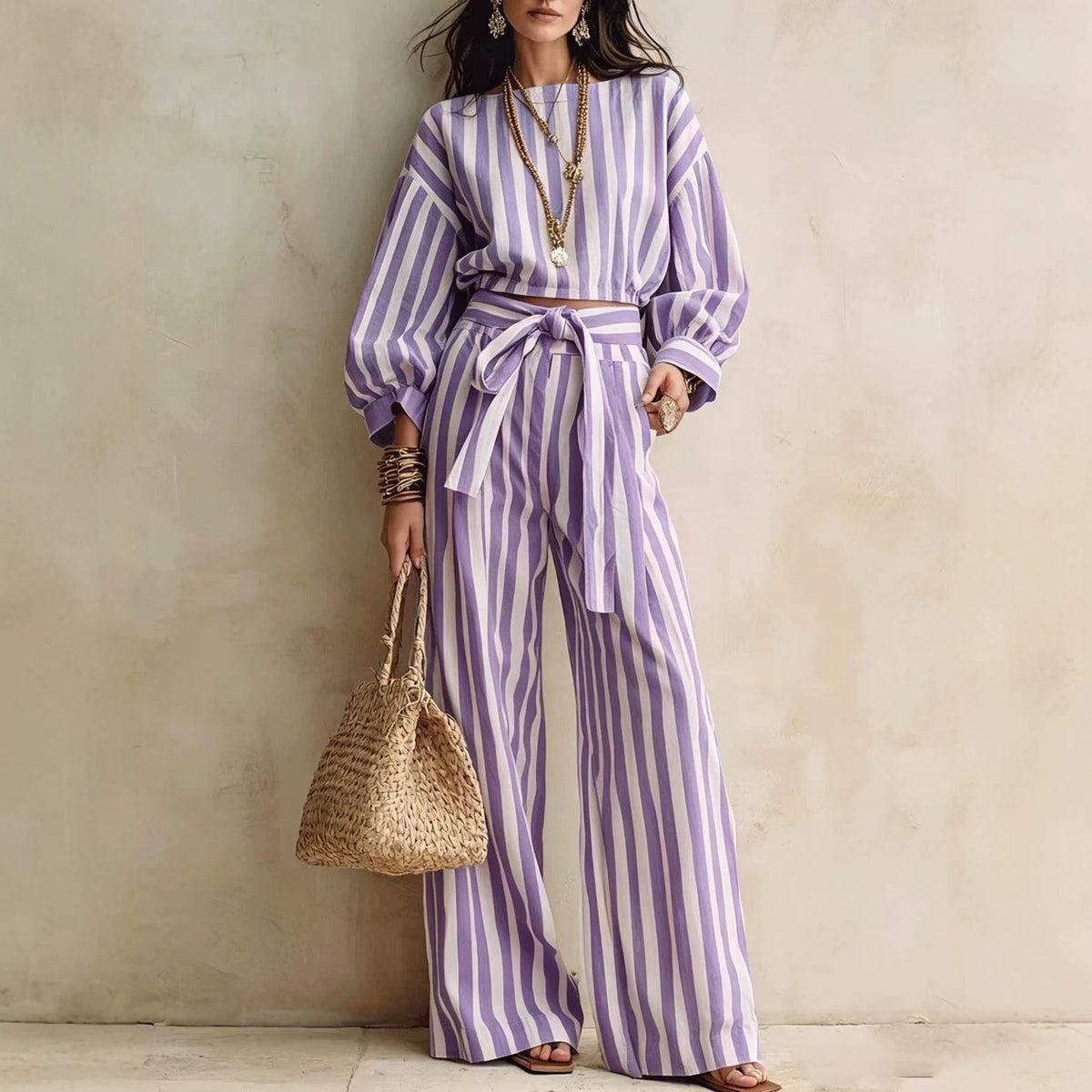 Womens Striped Cropped Top And Casual Lace-up Wide-leg Pants Set – Premium 0 | RICALOUX