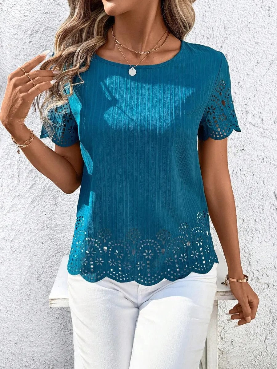European And American Plus Size Womens Round Neck Hollow Out Short Sleeve Top With Burned Out Floral Design – Premium 0 | RICALOUX