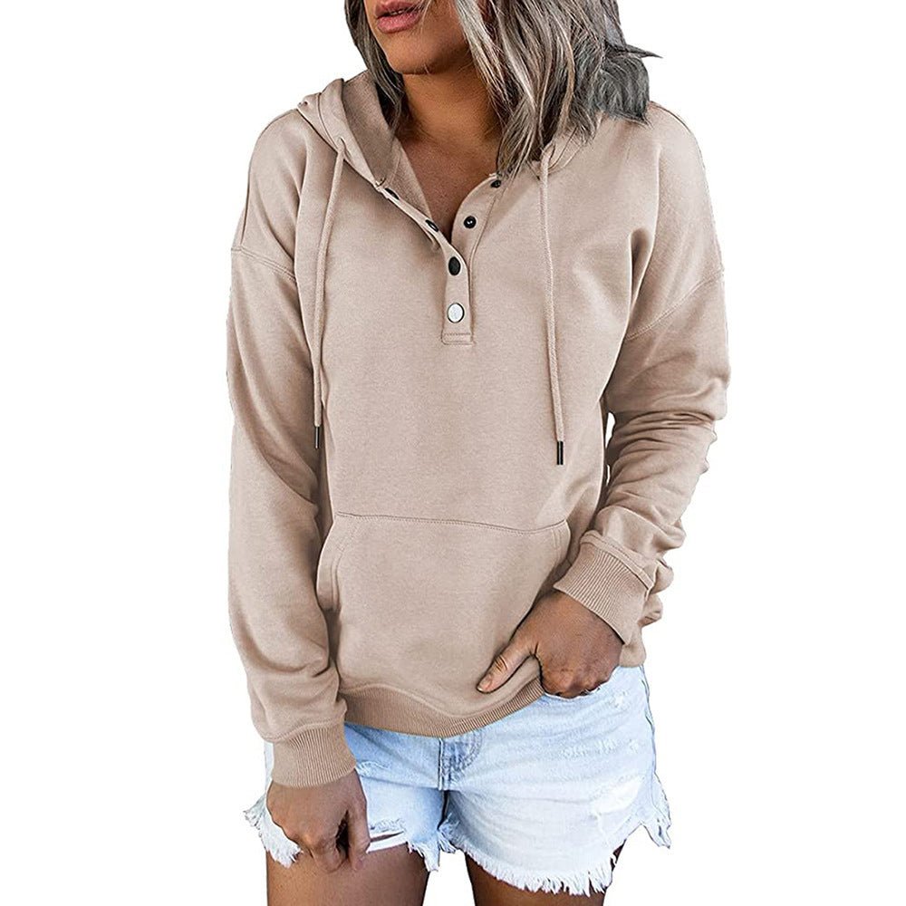 Long-sleeved Hooded Sweatshirt With Pockets Fashion Casual Button Drawstring Design Hoodie Top Spring And Autumn Sports Clothing For Women - RICALOUX