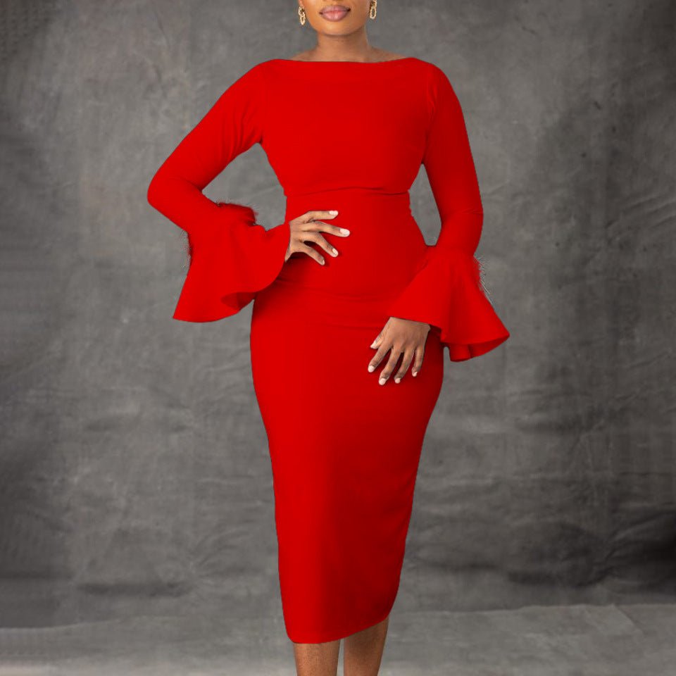 Fashion Solid Color Sheath Bell Sleeve OL African Dress - RICALOUX