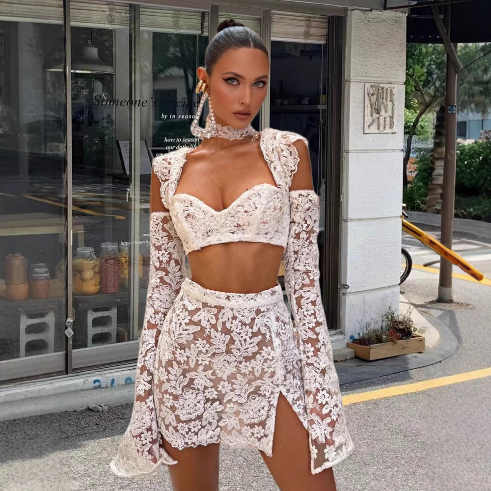 Sexy Sheer Flared-sleeve Top And Skirt Set – Premium 0 | RICALOUX