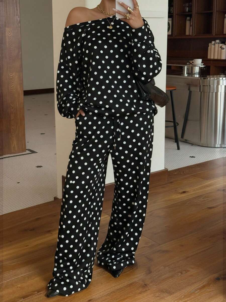 Polka-dot Print Long-sleeve Pants Casual Loose-fitting Set by Ricaloux