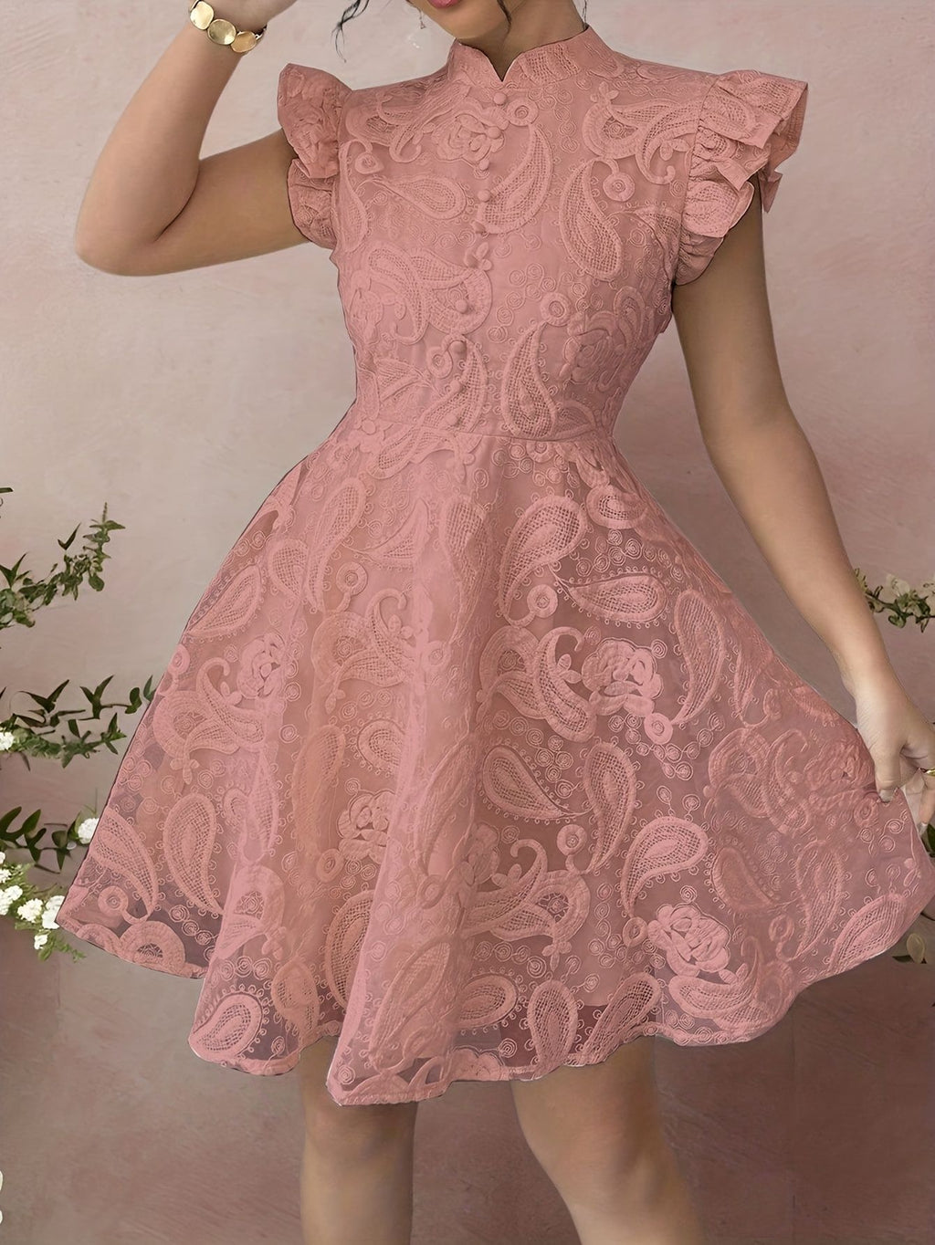Lace Stand-collar Mini-sleeve Dress For Women by Ricaloux