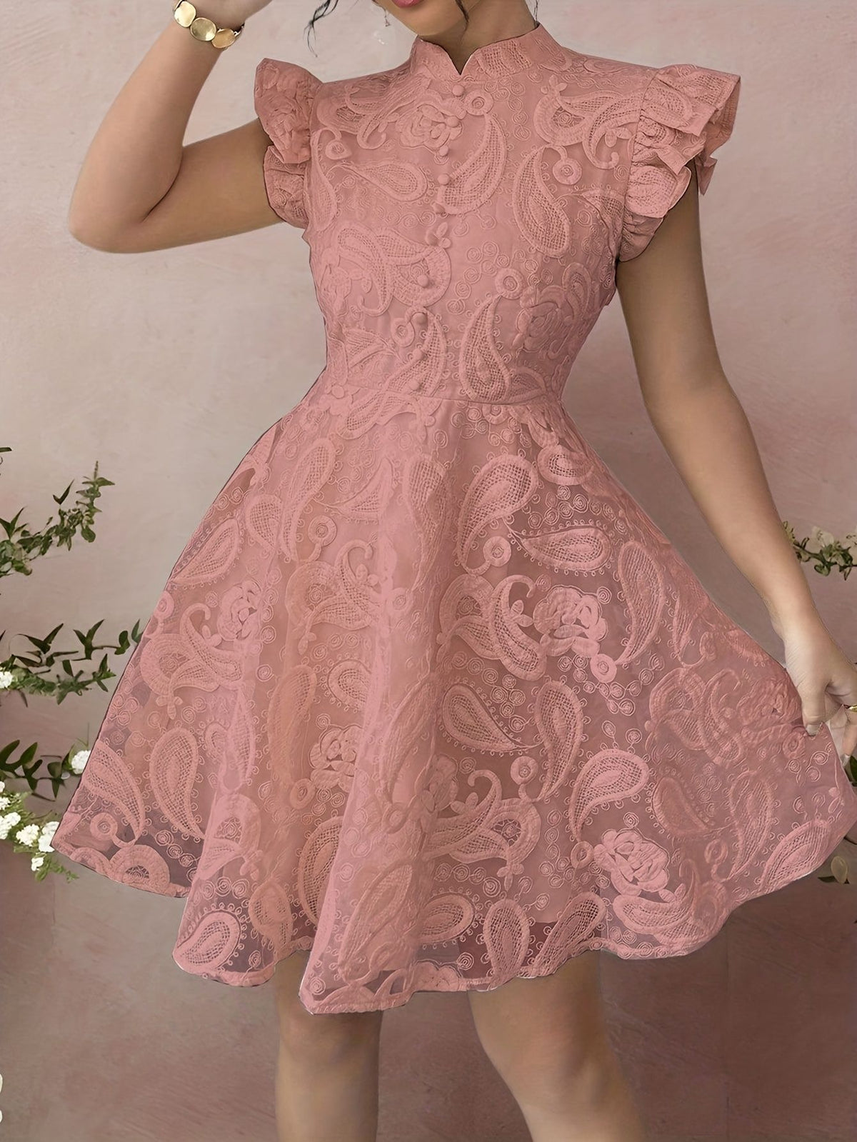 Lace Stand-collar Mini-sleeve Dress For Women by Ricaloux