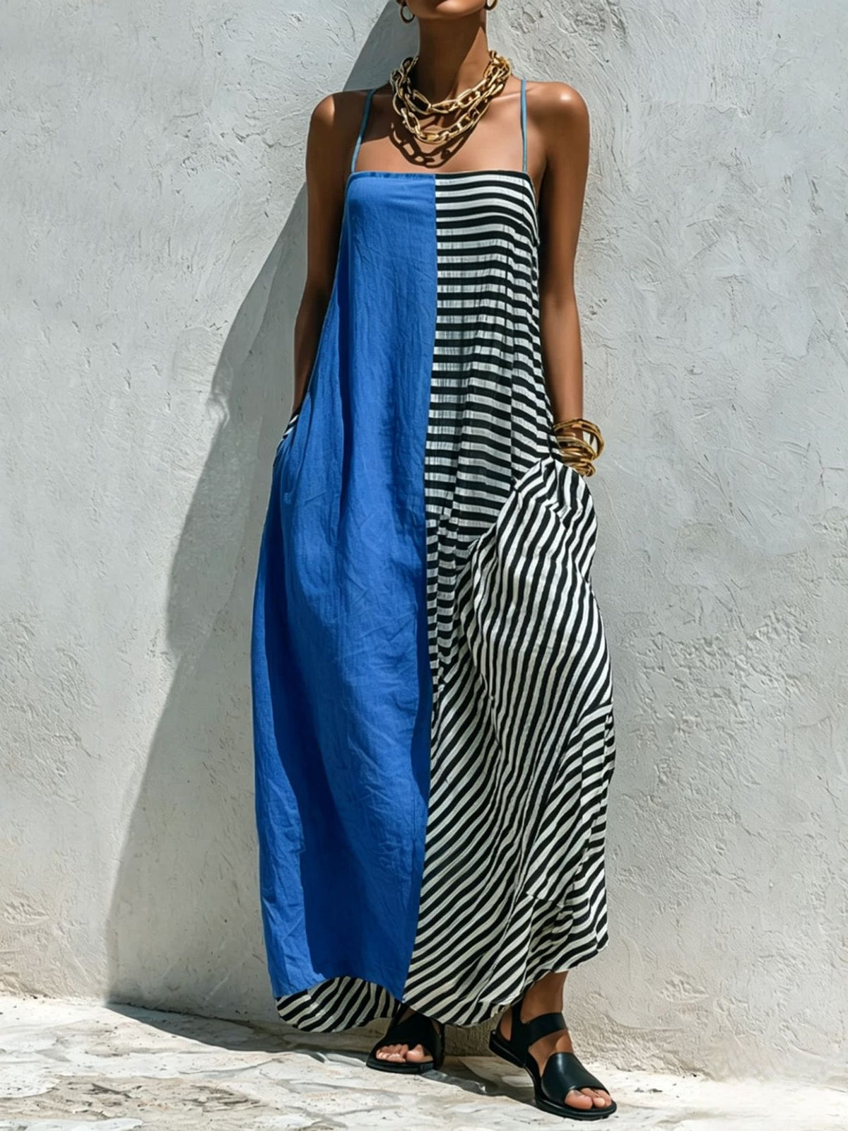 Printed Striped Strap Sleeveless Long Dress by Ricaloux