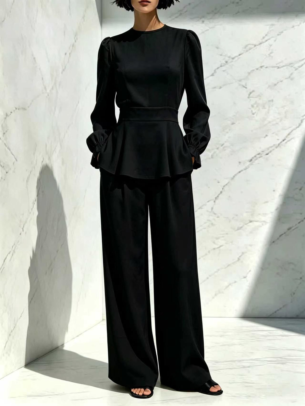 Fitted Waist Long-sleeve Pants Set by Ricaloux