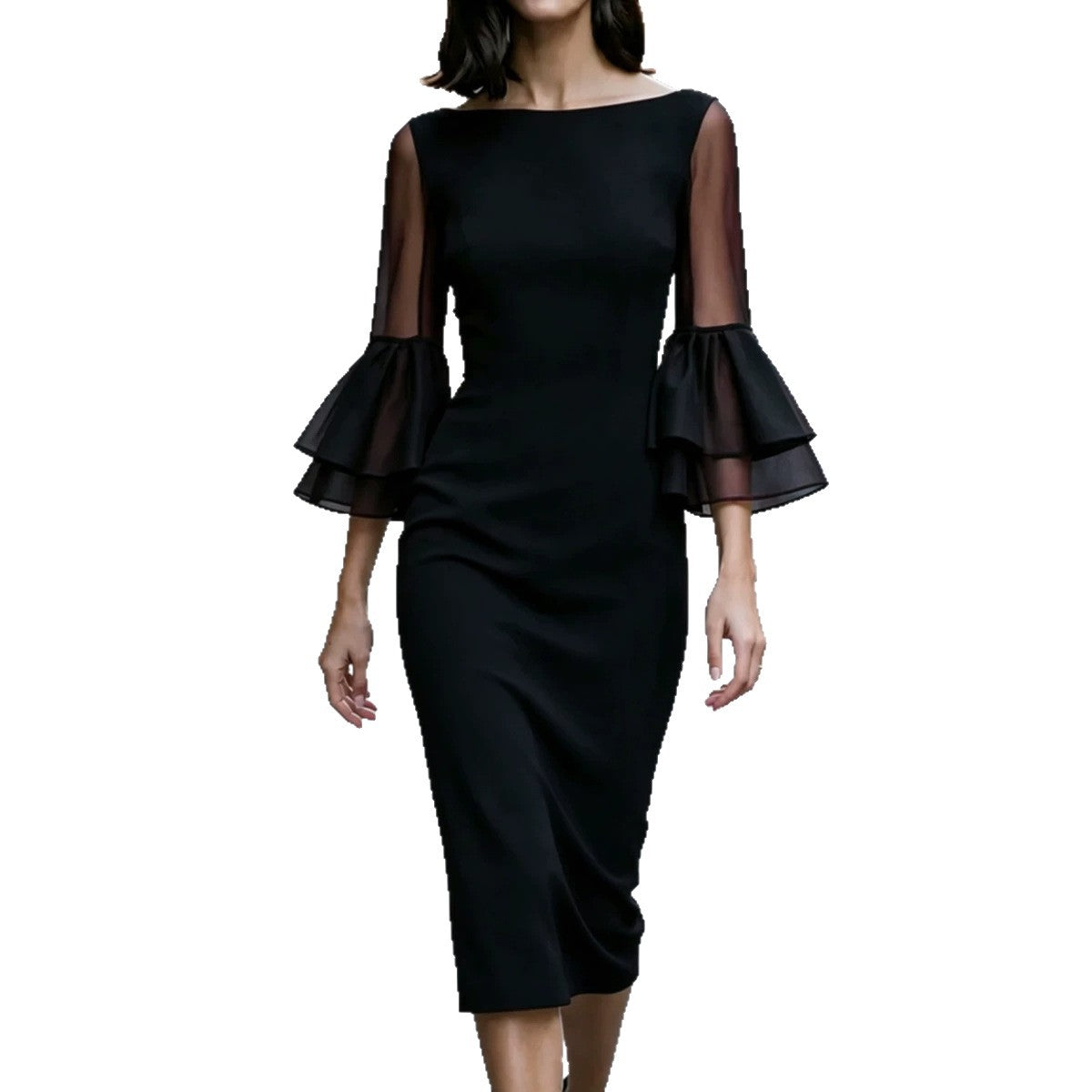 Womens Off-shoulder Sheer Double-layer Flared-sleeve Figure-hugging Sheath Evening Dress by Ricaloux