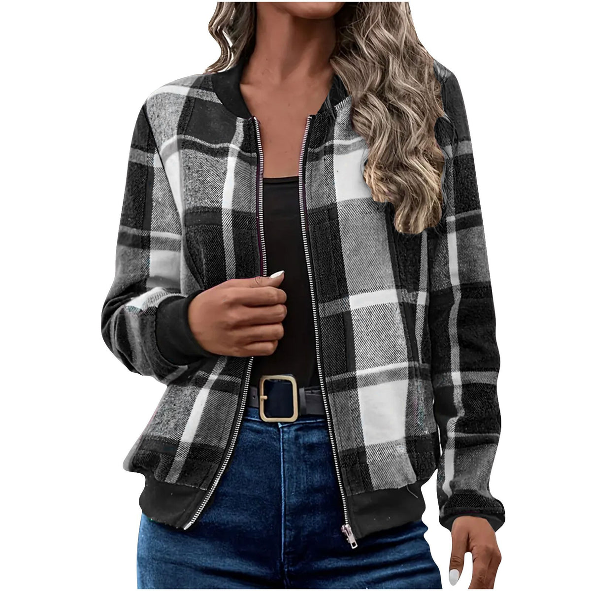 Womens Plaid Printed Long-Sleeve Zip-Up Jacket by Ricaloux