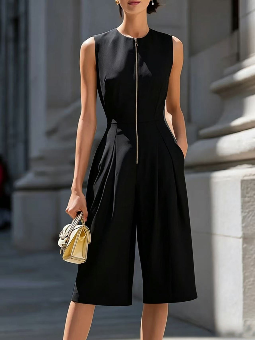 Solid-color Zip-front Crew-neck Sleeveless Wide-leg Jumpsuit – Premium 0 | RICALOUX