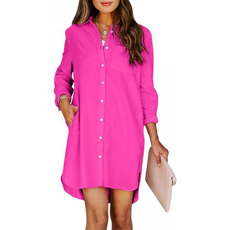 Pocketed Cotton-buttoned Belted Long-sleeved Solid-color High-low Blouse – Premium 0 | RICALOUX