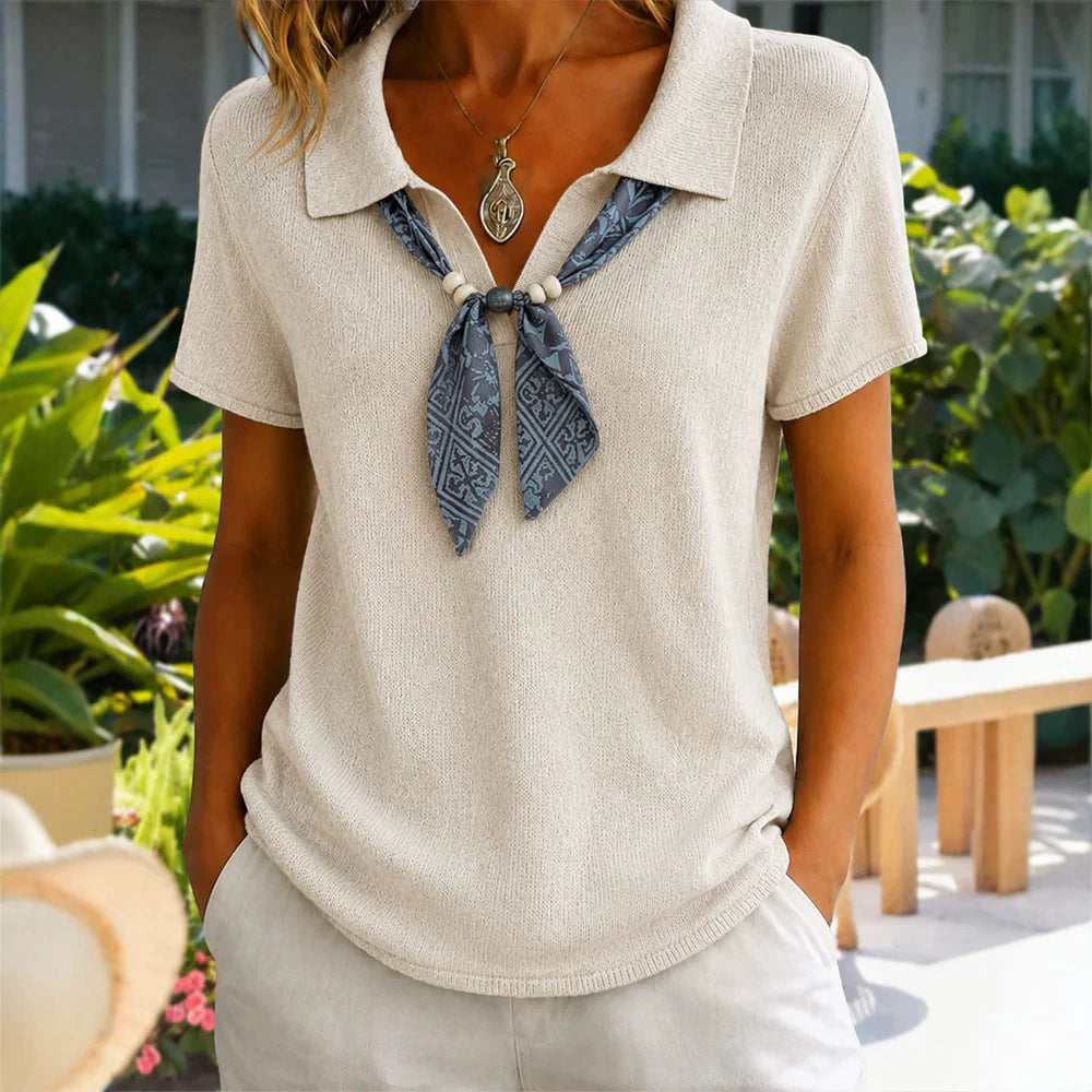 Womens Knitted Polo-neck Top With Short Sleeves And A Ribbon Detail by Ricaloux