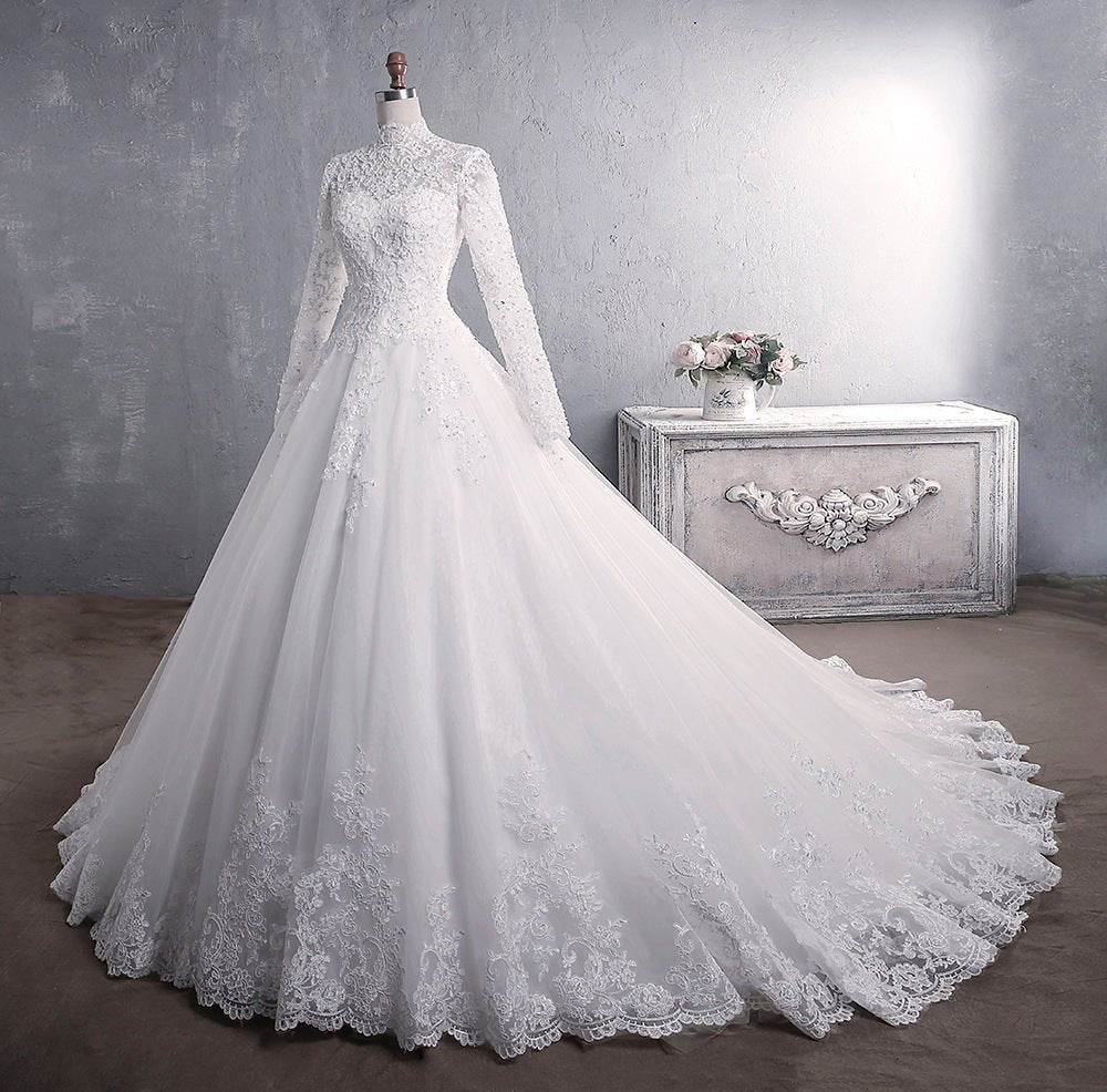 Lace Wedding Dress Bridal Stand-up Collar Long-sleeved Large Tail Large Size - RICALOUX