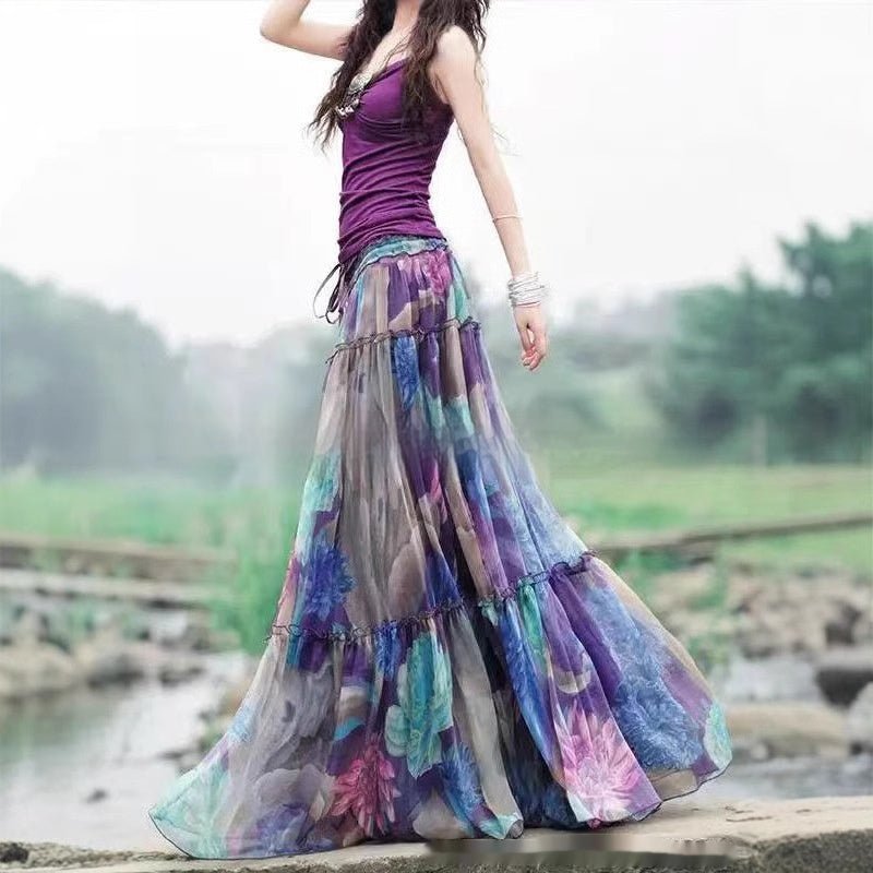 Printed Elastic Waist Slimming Large Hem Skirt - RICALOUX