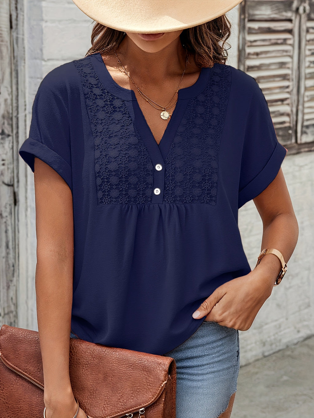 Womens Solid-Color Lace V-Neck Short-Sleeve Top With Buttons by Ricaloux