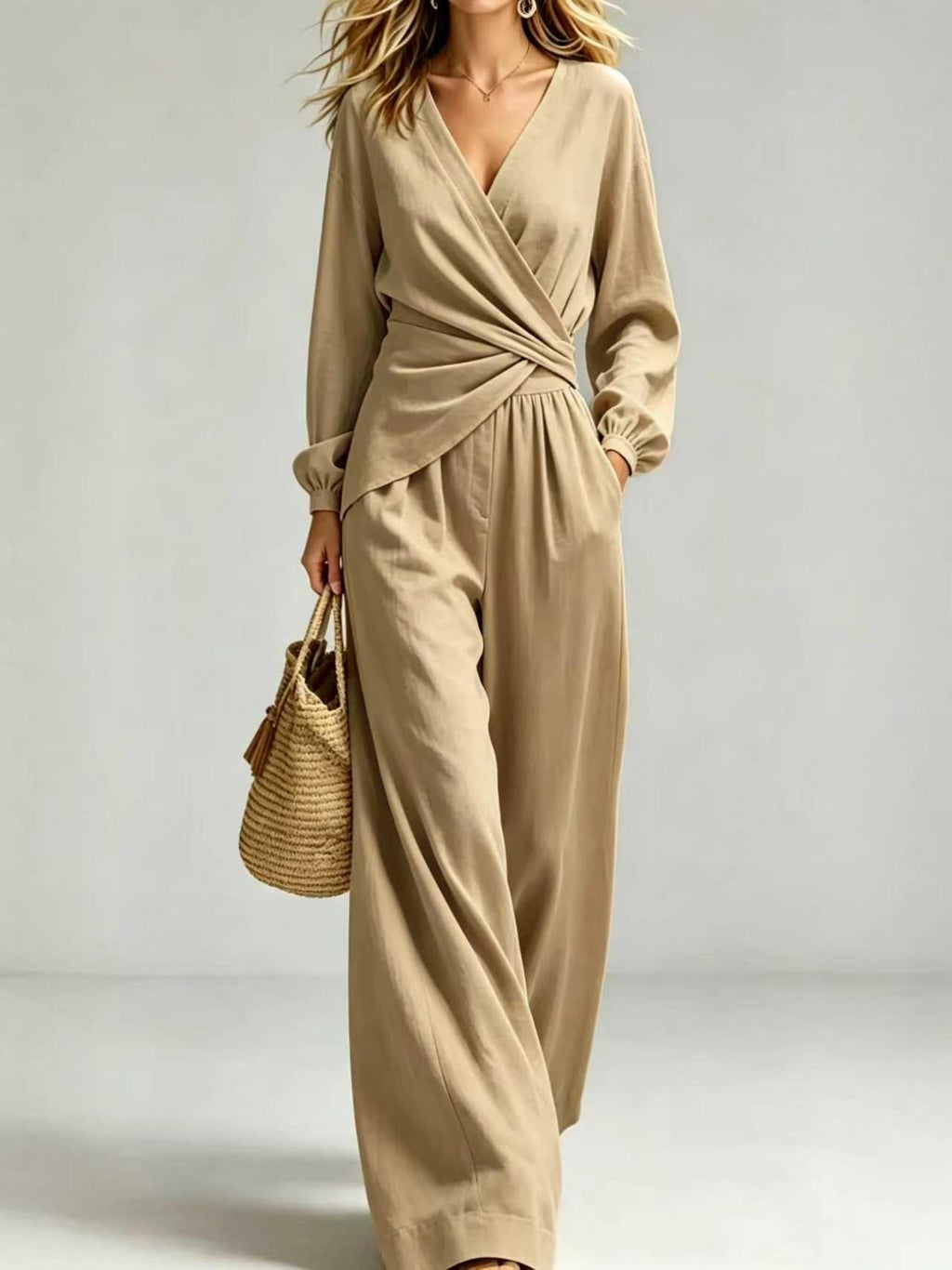 Women's 2-Piece Outfit - V-Neck Long Sleeve Wrap Blouse & Wide Leg Pants Set, Elegant Casual Pocketed Matching Set by Ricaloux