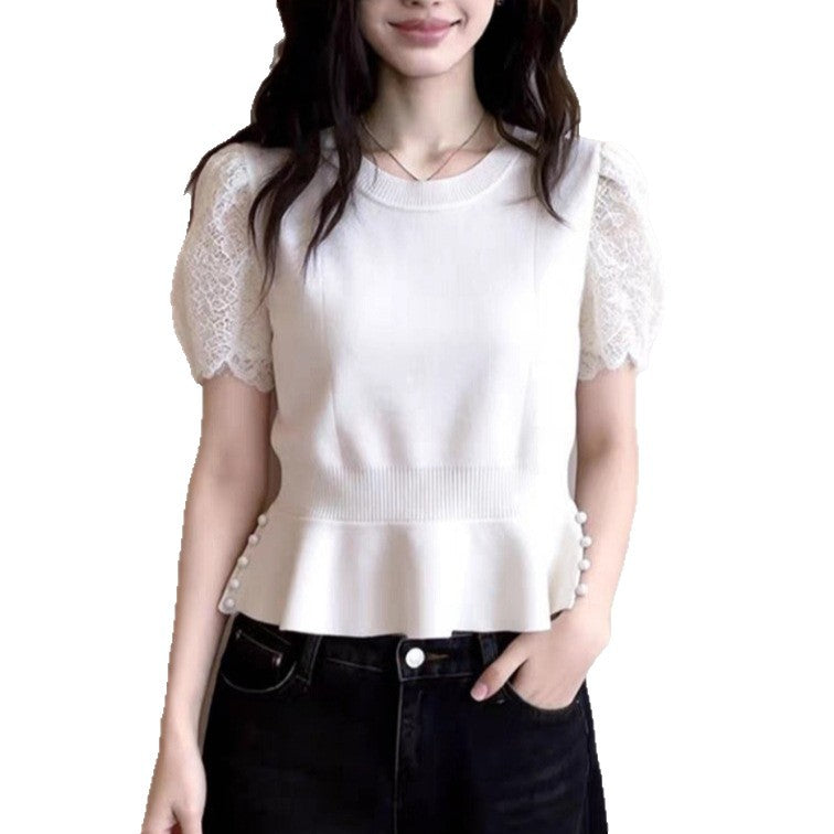 Fashionable And Elegant Patchwork Lace Short-sleeve Knit Top – Premium 0 | RICALOUX