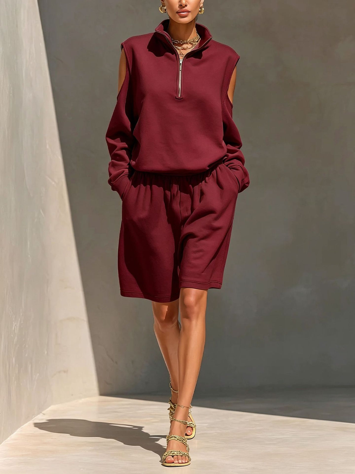 Half-zip Off-shoulder Sweatshirt And Relaxed-fit Shorts Set by Ricaloux