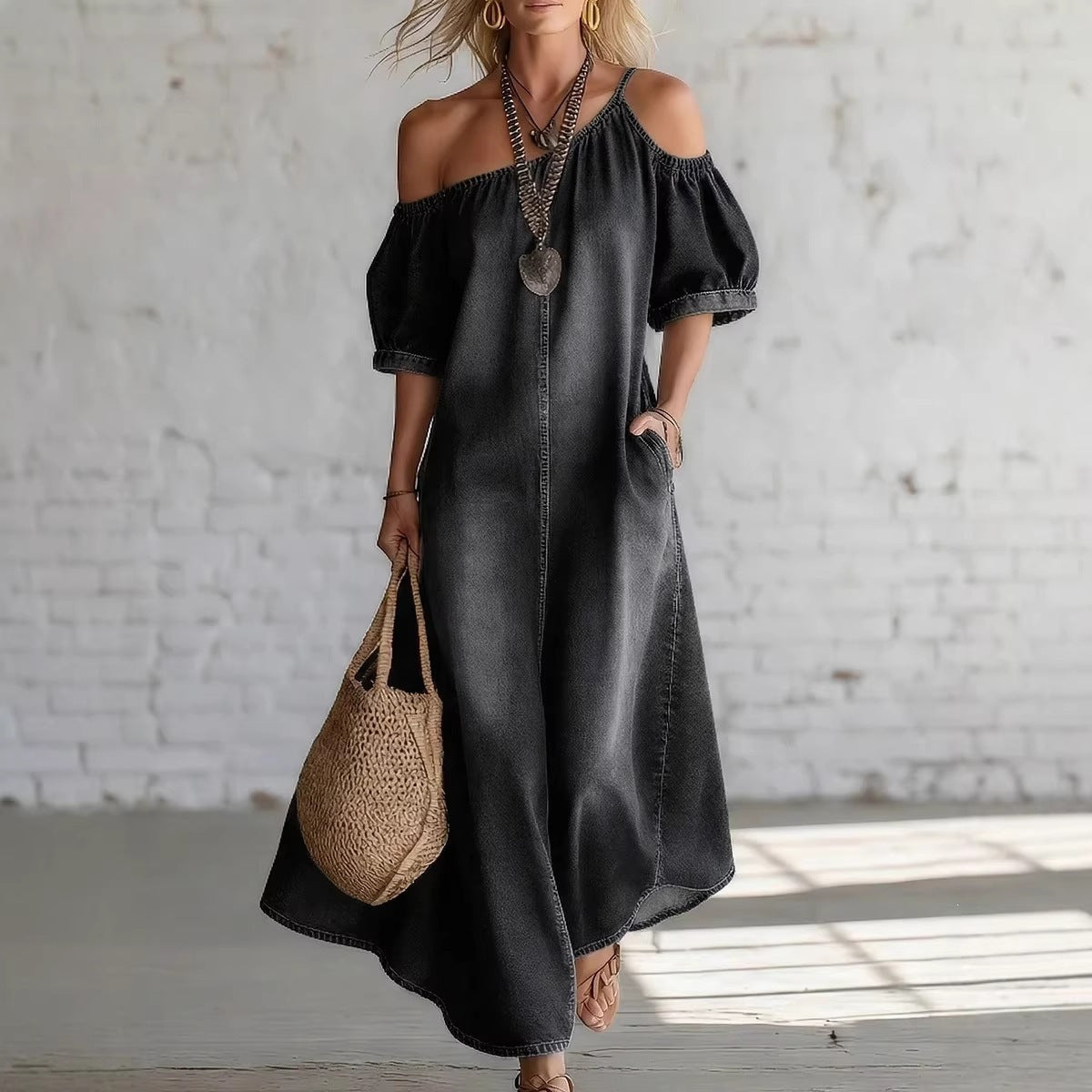 Loose-fit Chic Off-shoulder Slit Denim Maxi Dress by Ricaloux