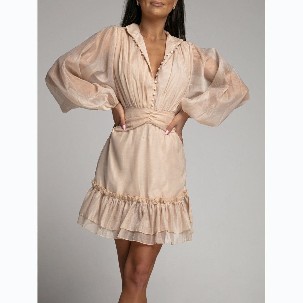 Fashionable Button-front Waist-cinching Lace Dress With Ruffled Hem – Premium 0 | RICALOUX