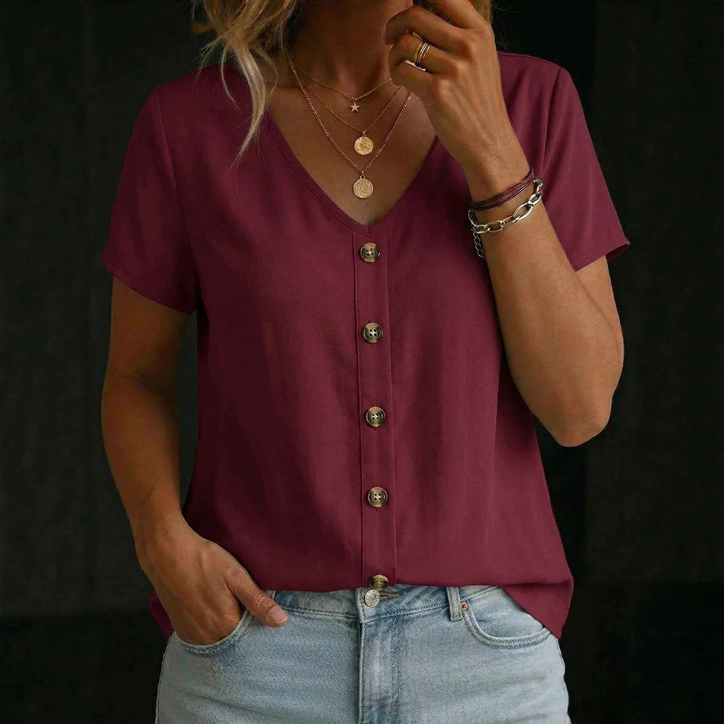Solid-color Short-sleeve Crew-neck T-shirt Top by Ricaloux