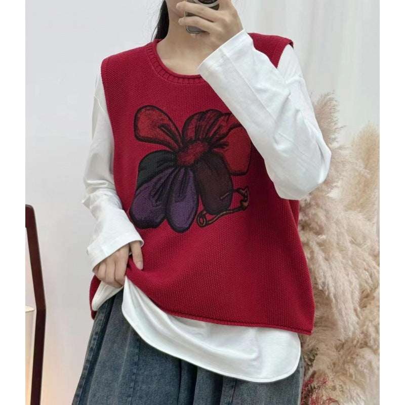 Womens Floral-Print Crew-Neck Loose-Fit Vintage Knitted Vest by Ricaloux