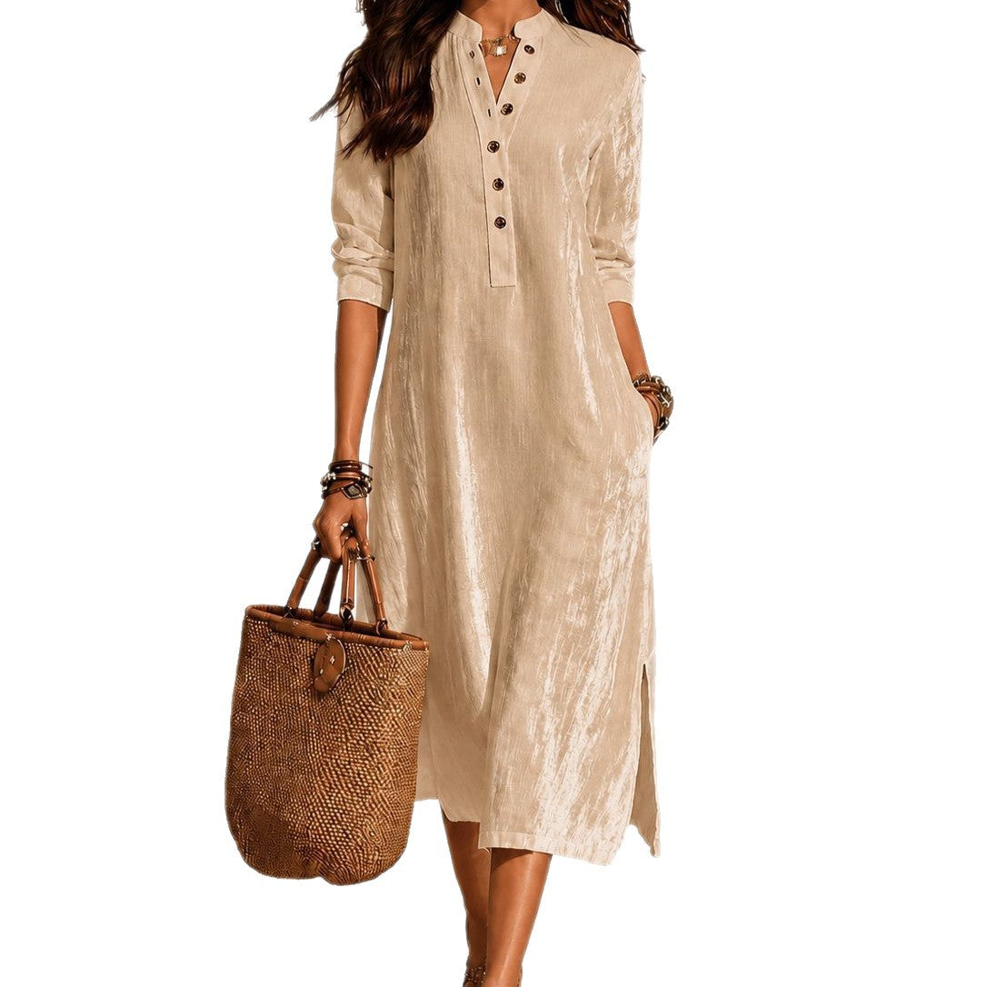 Velvet-button V-neck 34-sleeve Casual Resort Dress For Women by Ricaloux