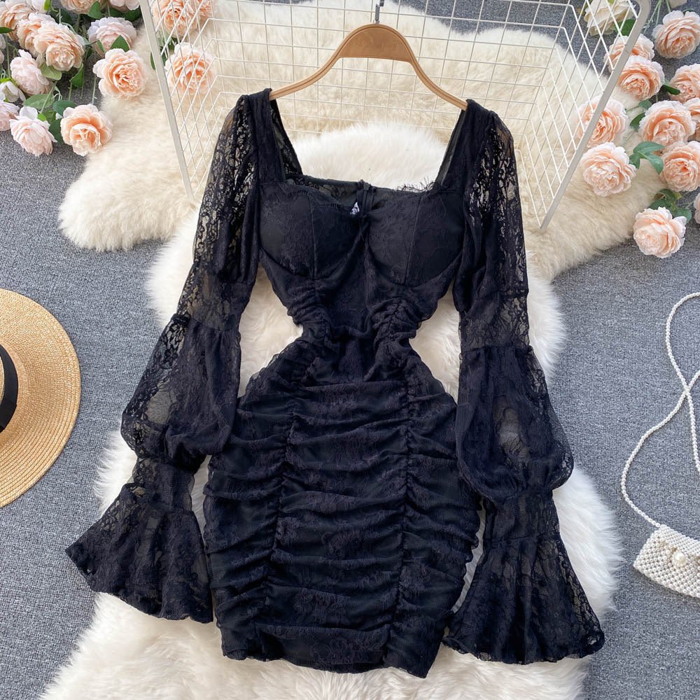 Women's Temperament Square Neck Lace Perspective Lantern Sleeve Waist Bag Hip Dress - RICALOUX