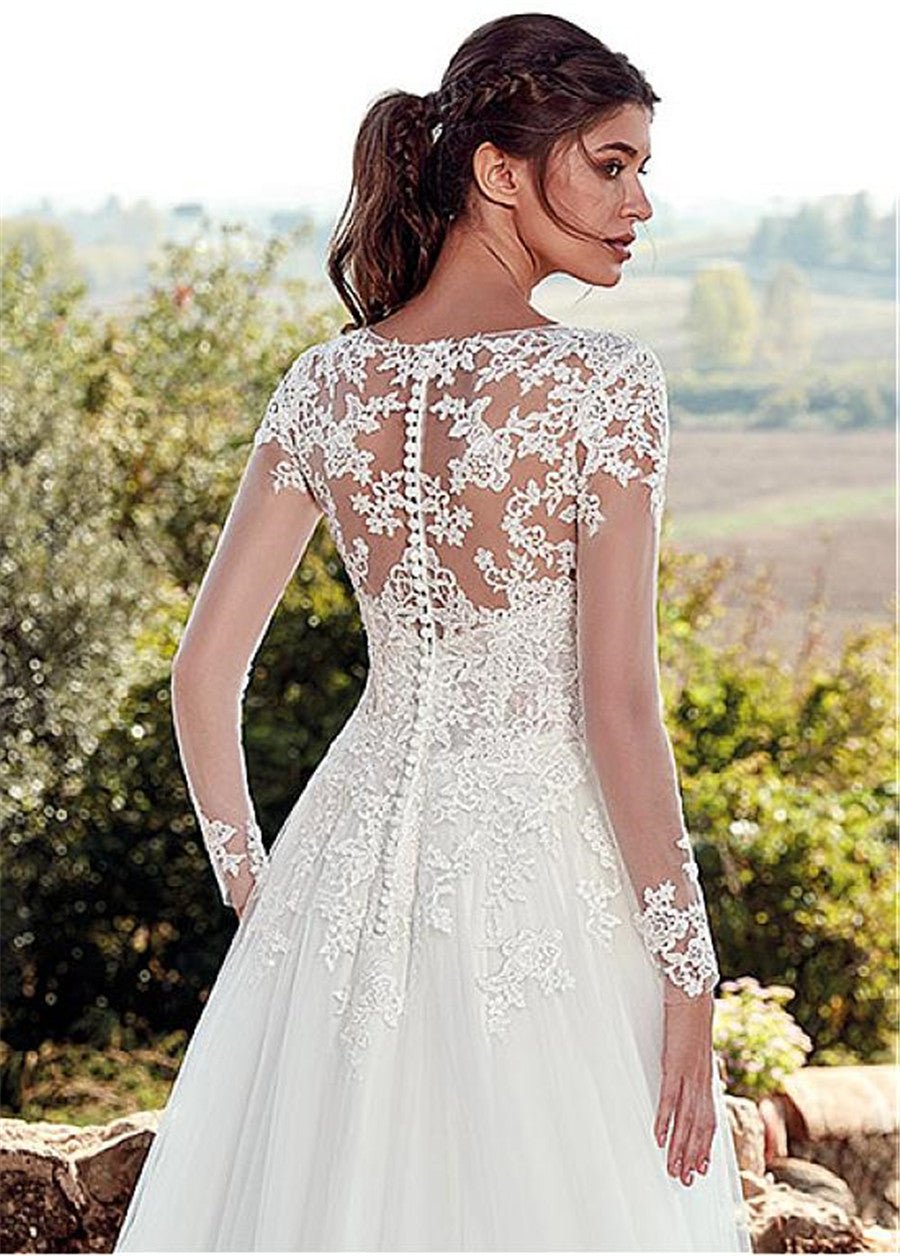 High U-neck Lace Long Sleeve A- Line Long Tail Simple Wedding Dress - RICALOUX