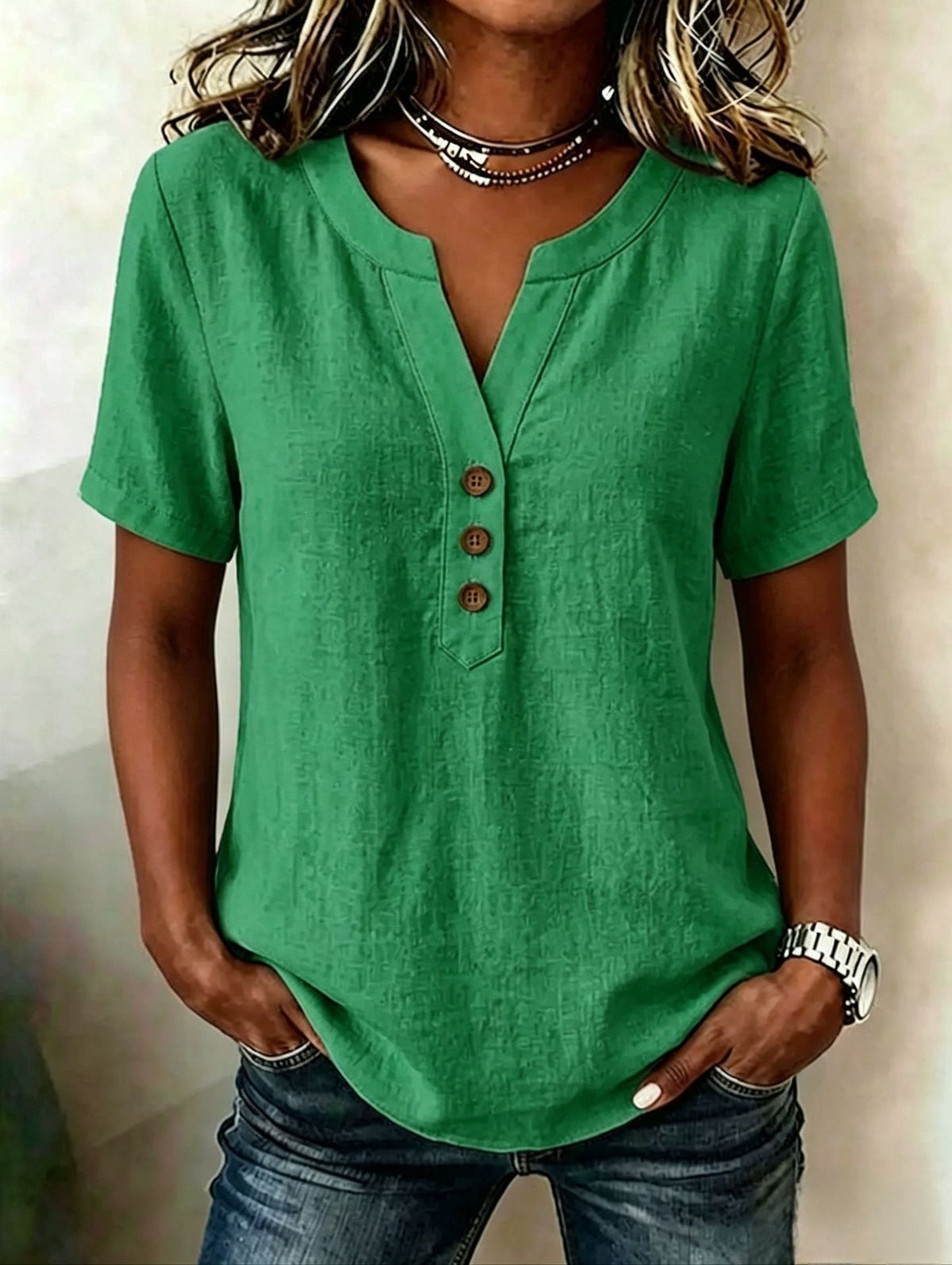 Casual Loose-fit Cotton-linen V-neck Button-up Top by Ricaloux