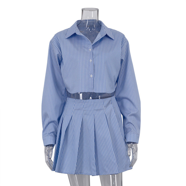 Fashionable Striped Collared Long-sleeved Shirt And Skirt Set by Ricaloux
