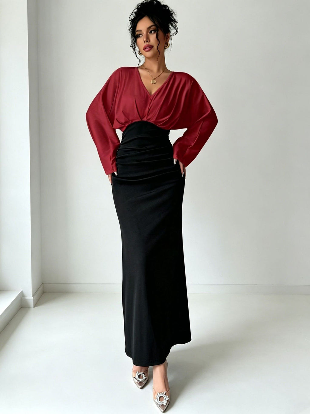 Womens Solid-Color Patchwork Long-Sleeve Slim-Fit Dress by Ricaloux