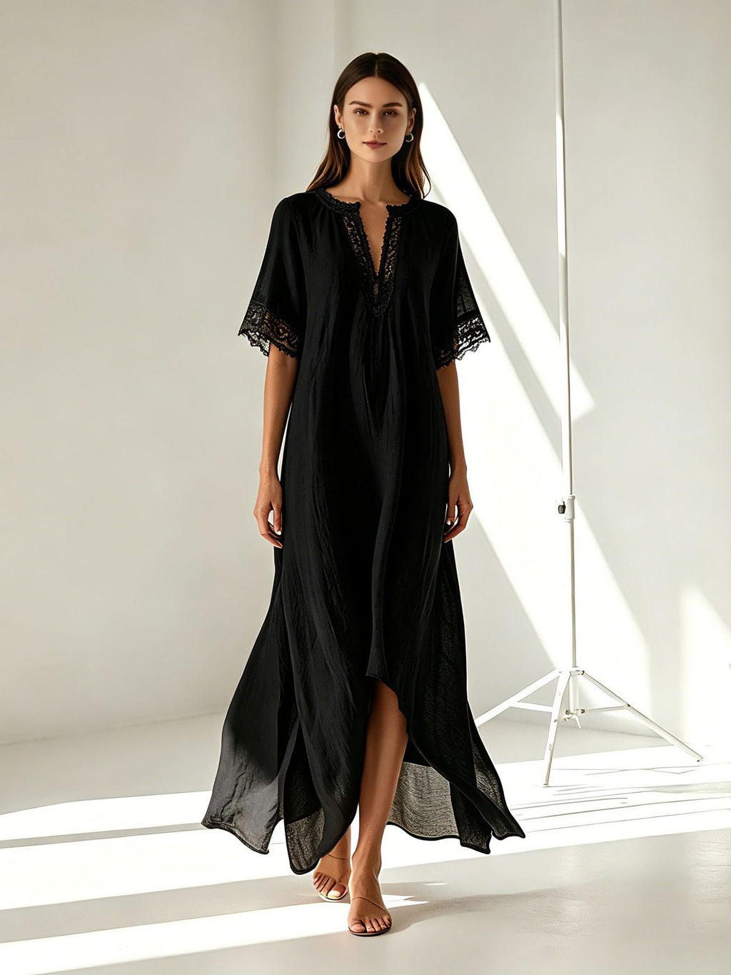 V-neck Short-sleeve Slit Bohemian Resort Dress – Premium 0 | RICALOUX